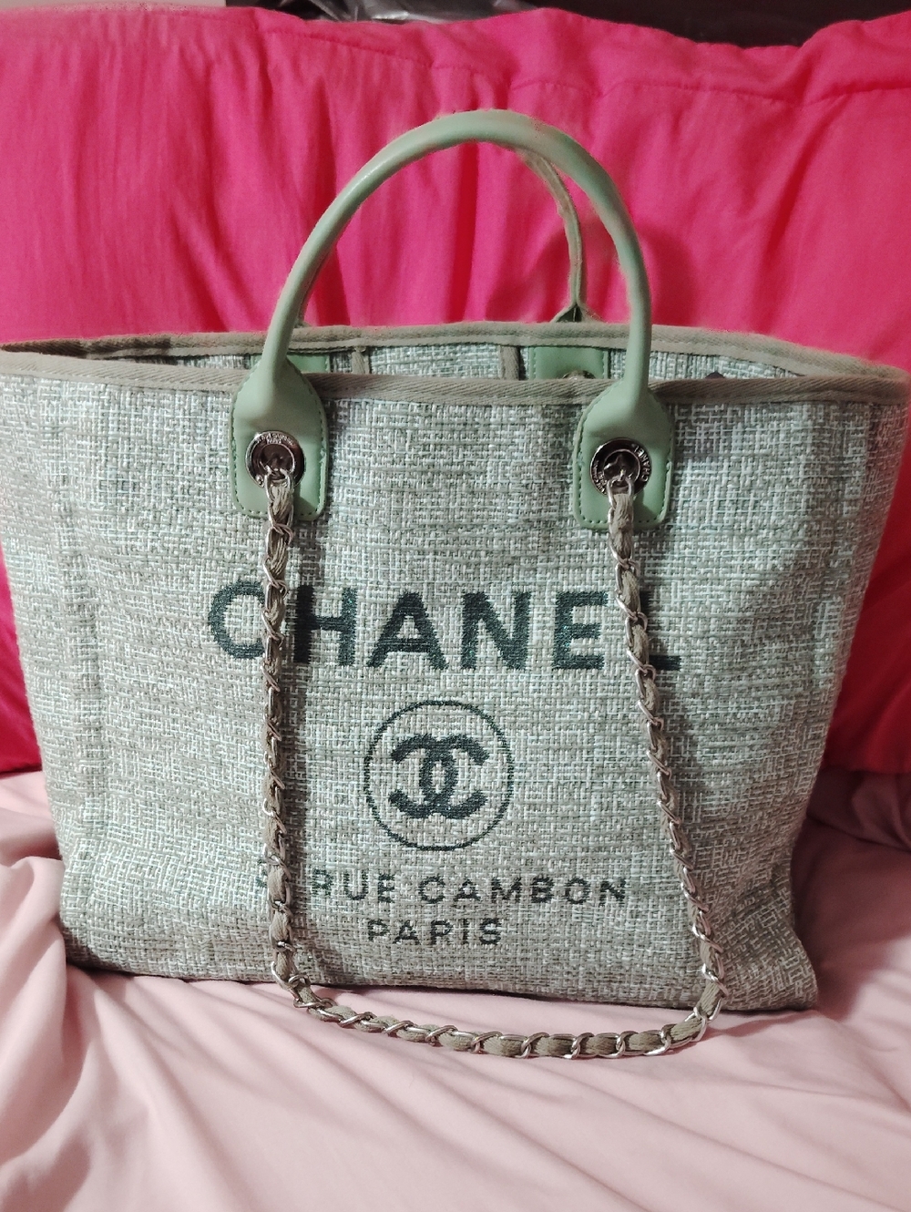 CHANEL Green Tweed Logo Tote with Chain-Strap Handles